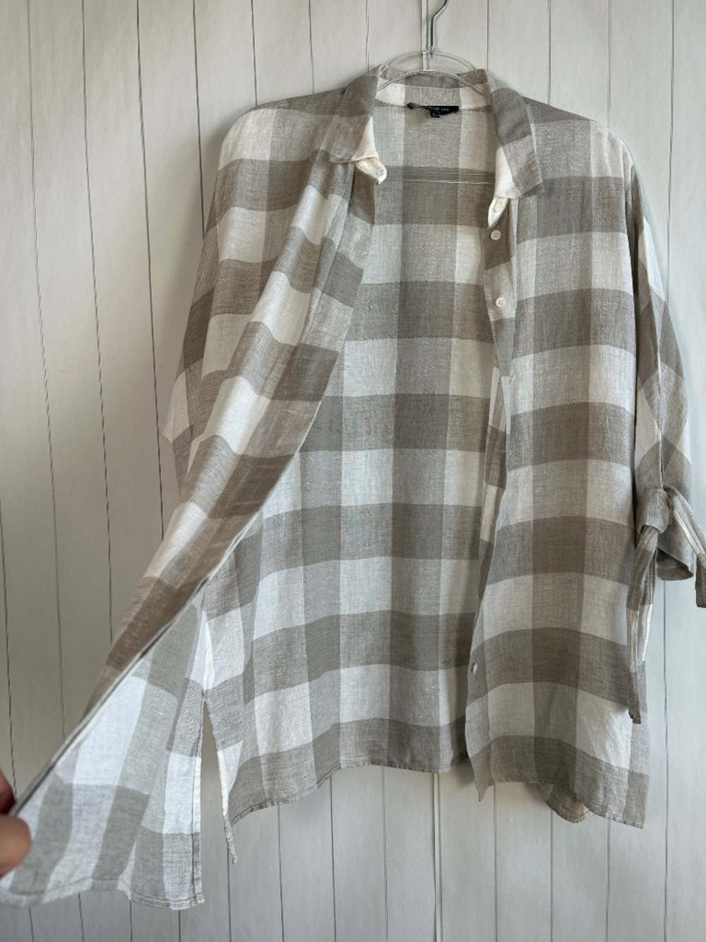 Lafayette 148 size L linen button front shirt plaid gray tie sleeve relaxed fit - Picture 7 of 9